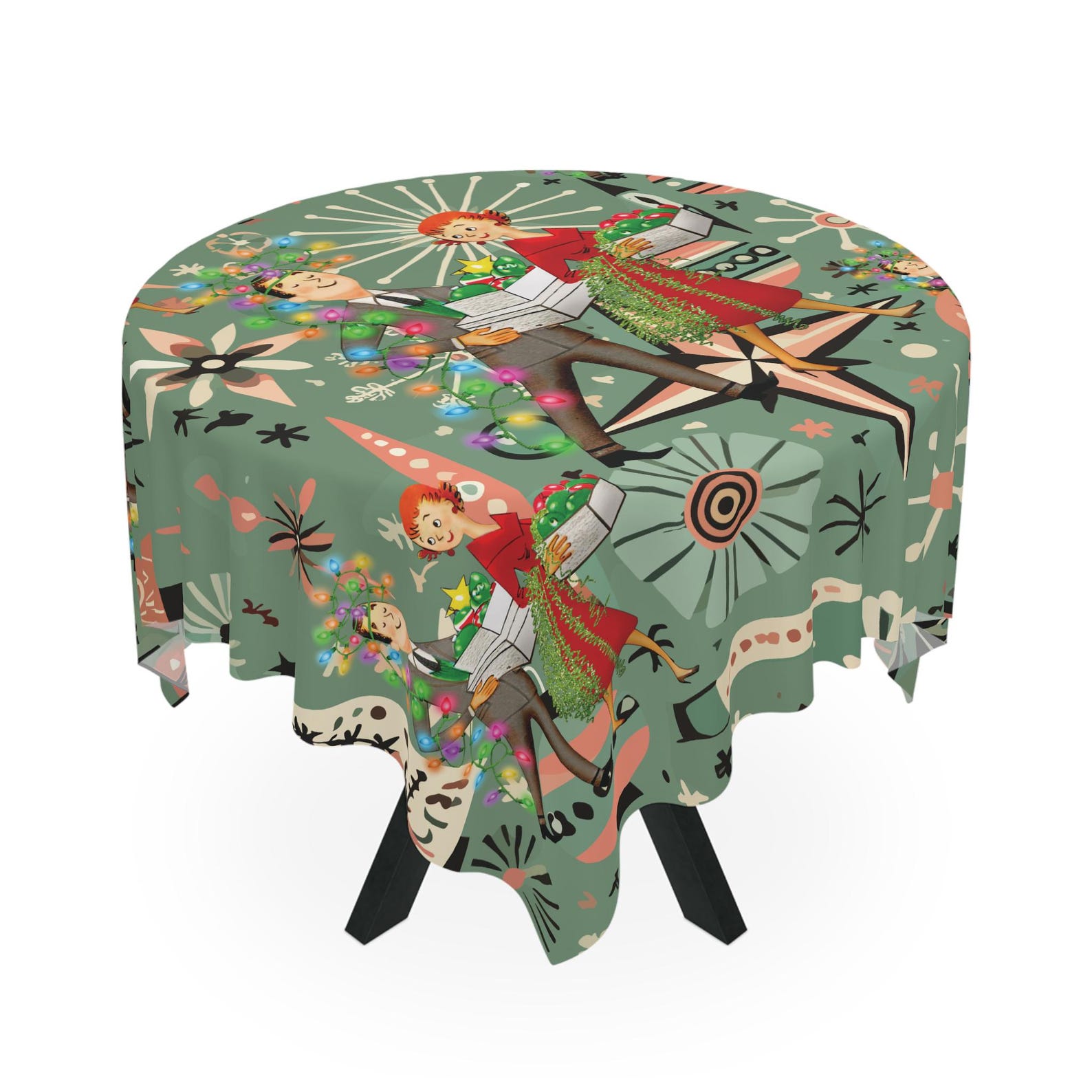 Century Textile & Sewing Supply - Retro 1950s Kitsch Christmas Square Tablecloth